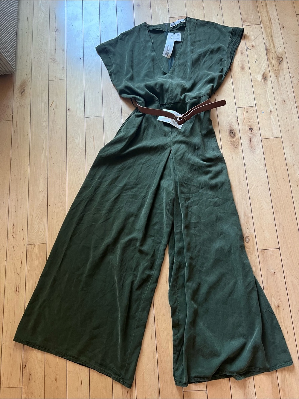 Zara Olive Green Wide-Leg V-Neck Jumpsuit